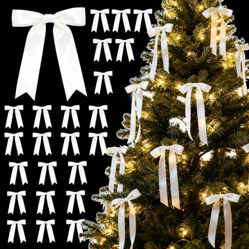 White Satin Christmas Tree Bows Set of 24 - 5x7 Inch Rustic Holiday Decor