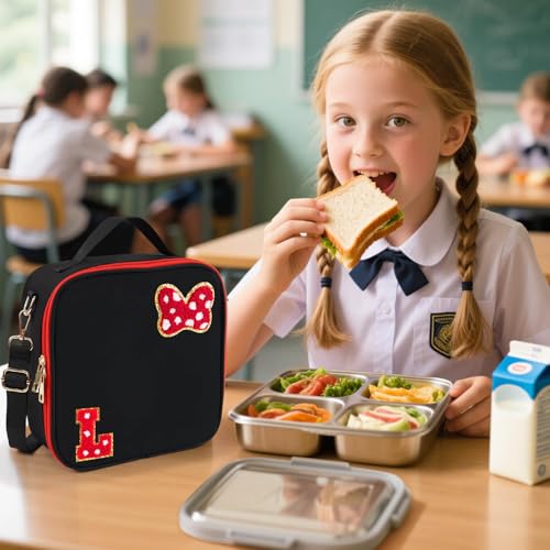 Initial Letter L Insulated Lunch Bag - Preppy Mouse Bow Design for Girls