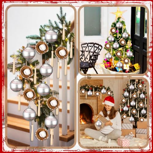 36 Pcs Baseball Christmas Ornaments & Wooden Bats Holiday Decor Set - Sports Theme