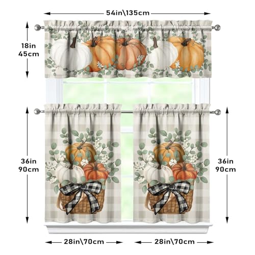 Pumpkin Eucalyptus Farmhouse Kitchen Curtain Set 3-Piece 53"W x 54"L Orange