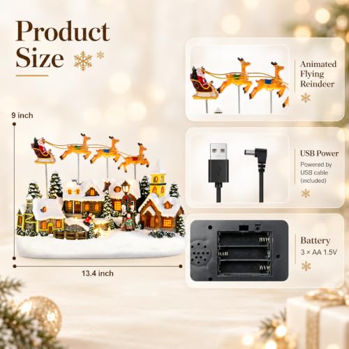 Animated Christmas Village Scene with Flying Deer - Santa Sleigh Display