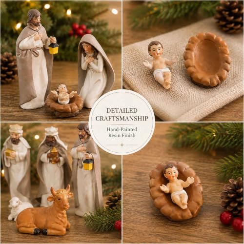 Brown Resin Nativity Set with 10 Figurines - Indoor Christmas Scene, 4.8 Inch - Variation of Brown