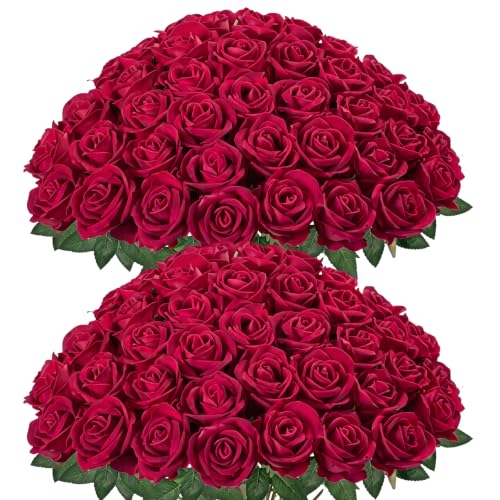 Artificial Burgundy Roses Bulk 250 Pcs Fake Flowers with Stems for Weddings & Decor