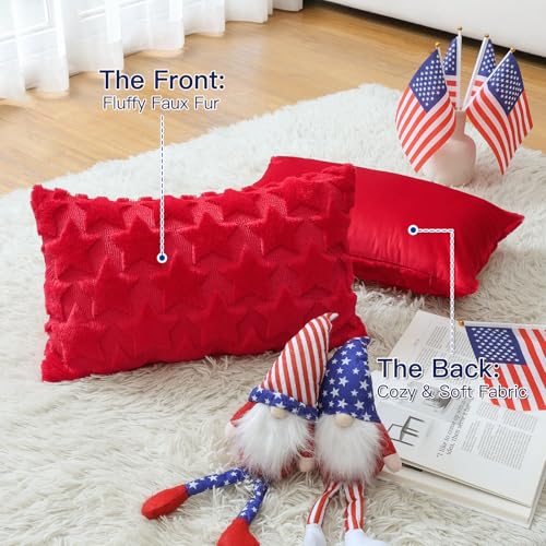 OTOSTAR 4th of July Throw Pillow Cover, 18x18 Inch Red Star Faux Fur Case