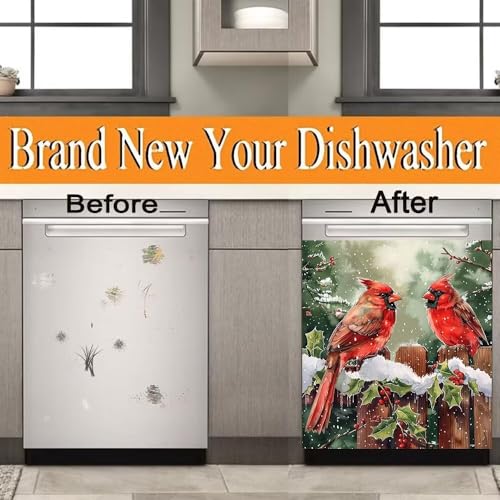 Winter Snow Red Bird Dishwasher Magnet Cover - 23x26 Inches, Magnetic Vinyl Wrap
