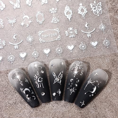 Lismyakey 3D Star Moon Embossed Nail Stickers Self-Adhesive Decals 5 Sheets