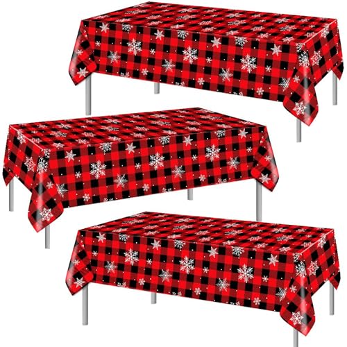 Christmas Buffalo Plaid Snowflake Tablecloth Set - Red & Black, 3 Pack