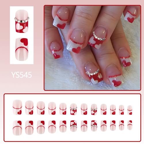 Valentine's Day Short Press On Nails Red White Heart French Fake Nails
