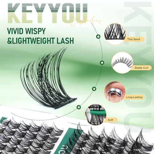 KEYYOU Lash Clusters 96 Pcs D Curl 18mm DIY Wispy Individual Eyelash Extensions