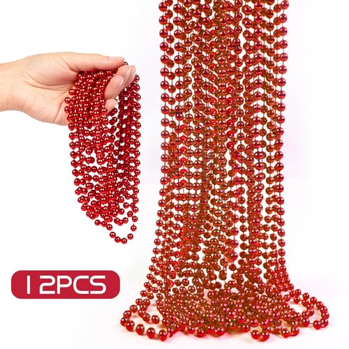 Red Mardi Gras Beads 12PCS Metallic Necklace Bulk Costume Festival Accessories