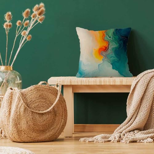 LAVVIEGO Multi-003 18x18 Abstract Marble Pillow Cover Teal Blue Orange Green Linen Blend