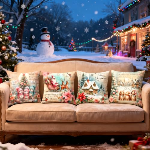 Vintage Christmas Throw Pillow Covers Set of 4 - 18x18 Soft Linen