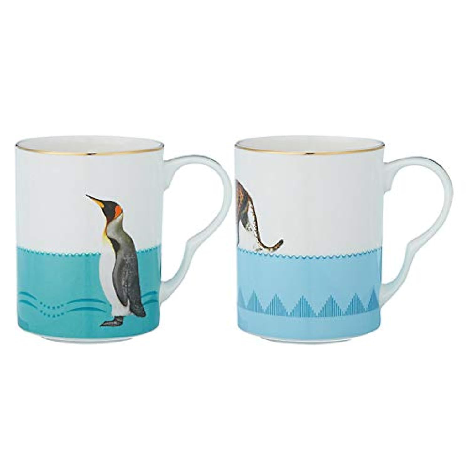YVONNE ELLEN Set of 2 Mugs, Cups, Bone China with Gilt Gold Detail, Designed in England, Pretty Pastel Color with Quirky Pattern (Leopard and Penguin)
