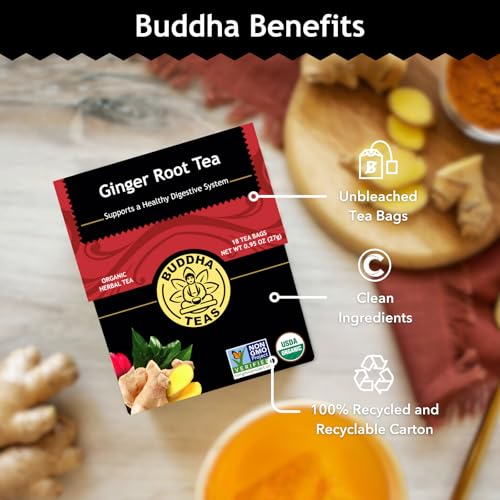 Buddha Teas Organic Ginger Root Herbal Tea, Caffeine-Free, 18 Tea Bags