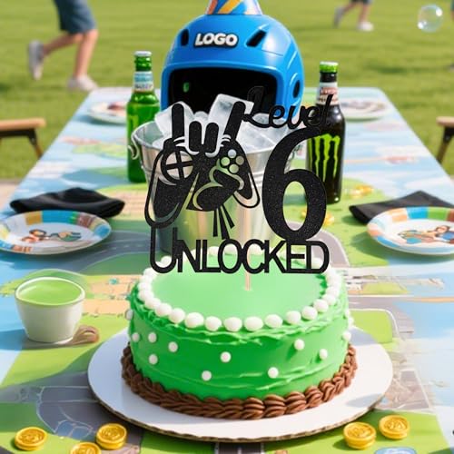 Level 6 Unlocked Cake Topper | Black Glitter Video Game Decor