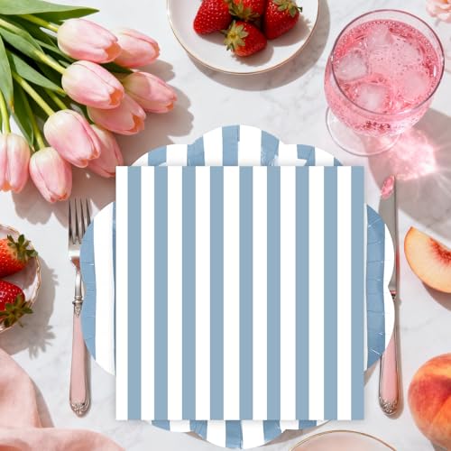 50pc Blue Striped Paper Plates and Napkins Set - Scalloped Party Tableware