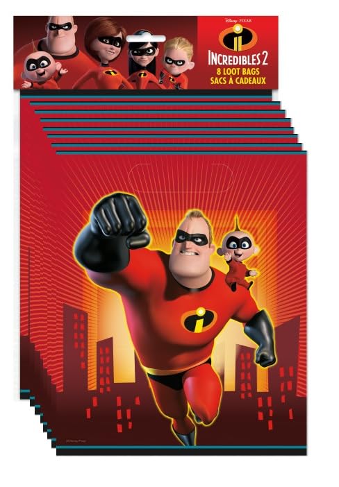 The Incredibles Birthday Party Supplies Bundle Pack Includes 16 Paper Plates, 16 Napkins, 12 Piece Hanging Swirl Decorations, 16 Loot Bags, 8 Sticker Sheets