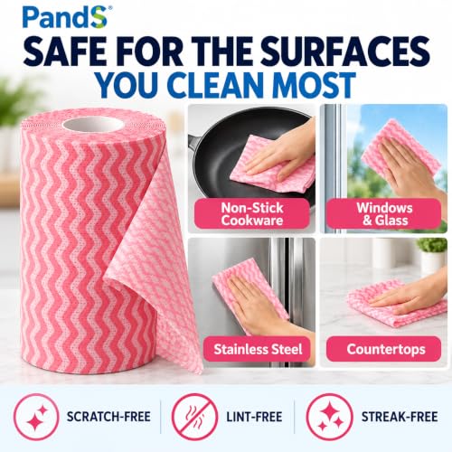 Pink Reusable Paper Towels Roll - Washable Kitchen Cleaning Wipes, 60 Sheets