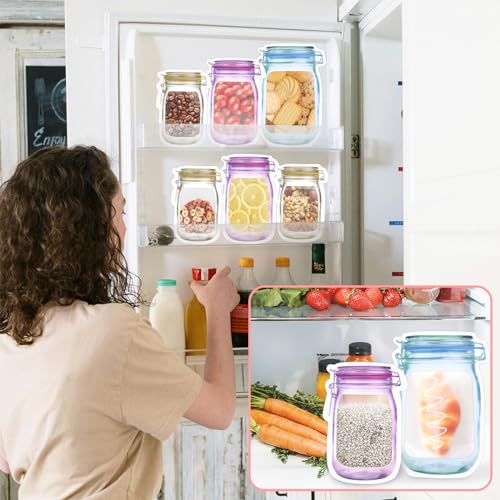 Fireboomoon 30 PCS Reusable Mason Jar Pattern Zipper Bags - Airtight, Leak-Proof Food Storage Pouches for Travel & Camping