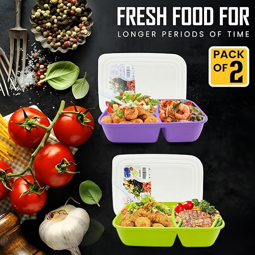 Neez 2 Pack 48oz Bento Lunch Containers - 3 Compartment, Leak Proof & Microwave Safe