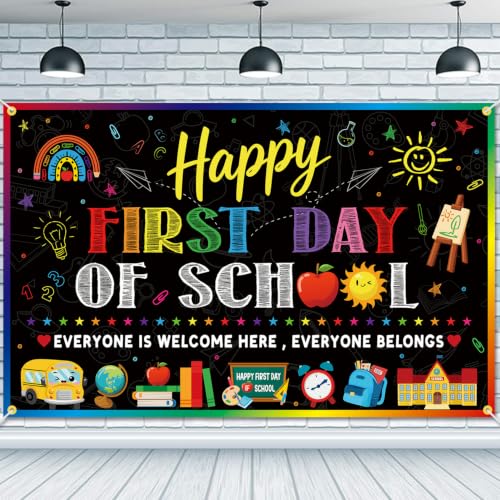 Happy First Day of School Backdrop Banner, Multicolor 71x45 Inch Party Decor