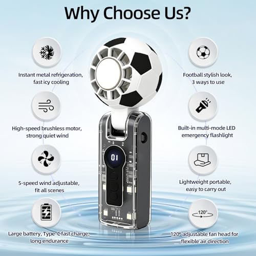 DooYard Soccer Ball Portable Handheld Fan, 5-Speed Rechargeable Fan - Black
