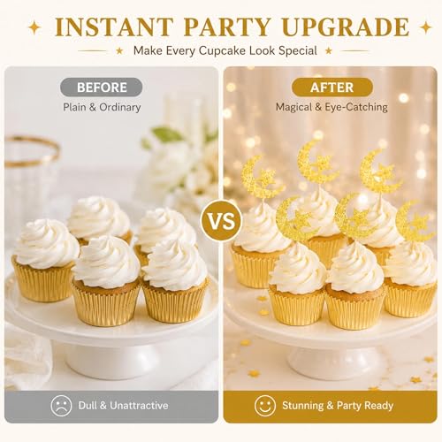 24 Pcs Star Moon Cupcake Toppers - Golden Glitter Decorations