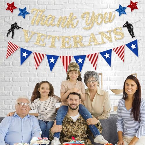 Thank You Veterans Banner Gold Glitter Patriotic Party Decorations