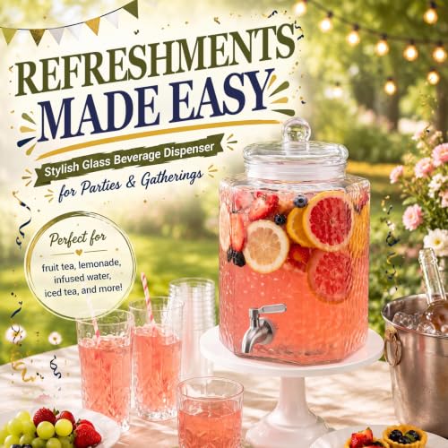 Tiangrid 3 Pack 1.5 Gallon Glass Drink Dispensers for Parties - Hammered Design