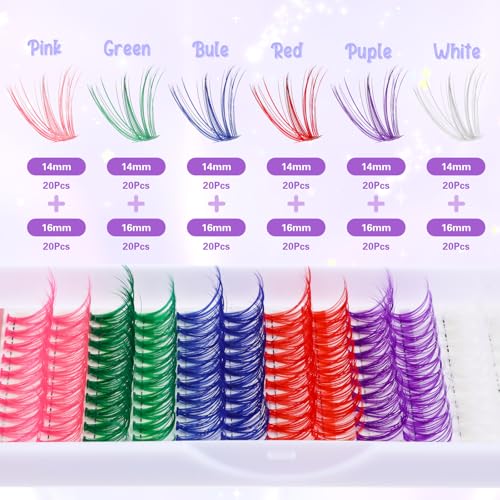 HJZHII 120Pcs Colored Lash Clusters D Curl Mixed 6 Colors DIY Eyelash Extensions