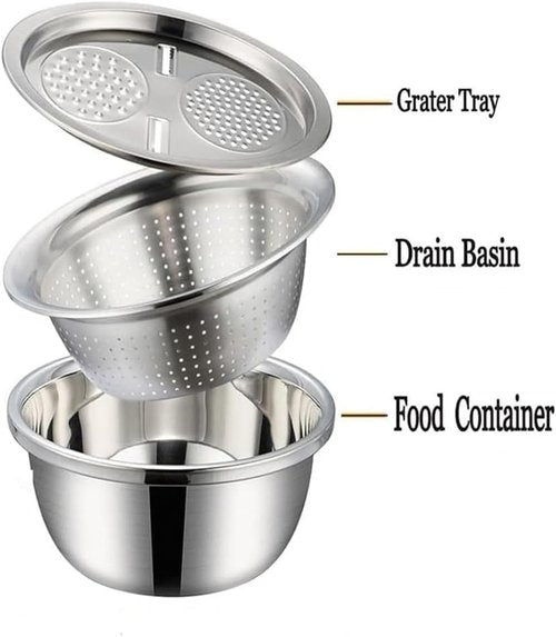 Germany Multifunctional Stainless Steel Basin - 3-in-1 Vegetable Cutter, Grater & Strainer | 10.2" Size