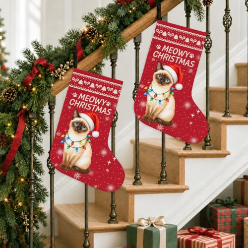 Siamese Cat Christmas Stocking - Red Holiday Decor for Cat Lovers