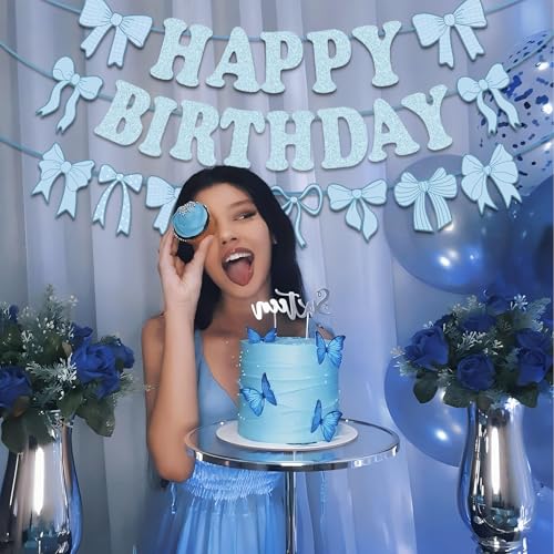 Blue Bow Happy Birthday Banner Set - Pre-Strung Glitter Garland