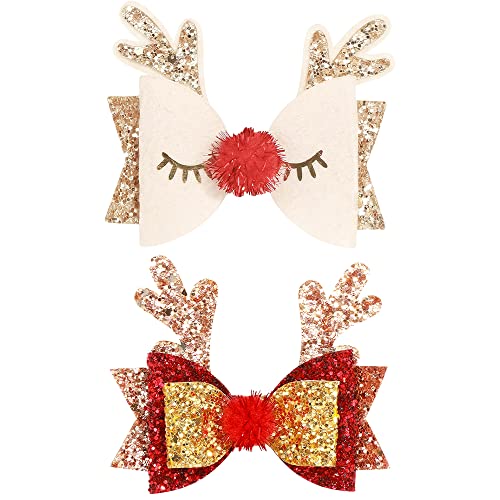 DINPREY Christmas Antler Hair Bows Sequins Alligator Clips for Girls