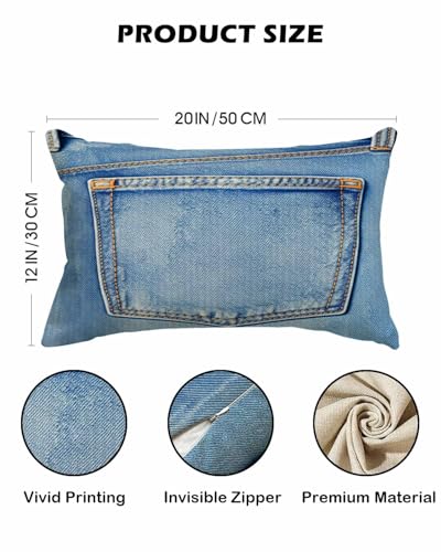 12x20 Faux Denim Throw Pillow Cover with Printed Jean Pocket Design
