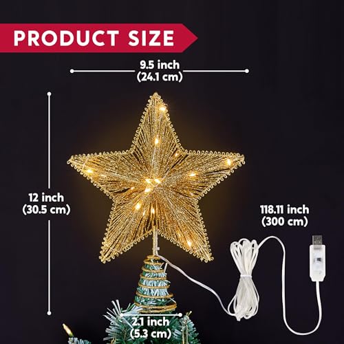 9.5-Inch Gold Christmas Tree Topper with 20 LED Warm White Lights and Remote Control