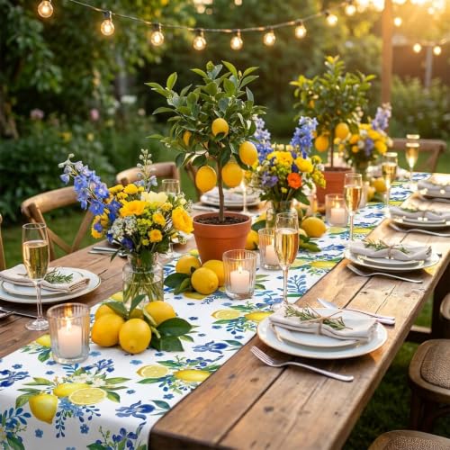 Lemon & Blue Floral Table Runner | 72 x 13 in | Machine Washable