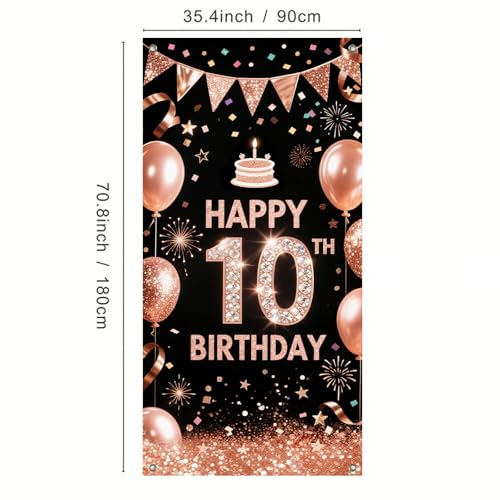 10th Birthday Door Cover - Rose Gold & Black Party Banner 71x35"