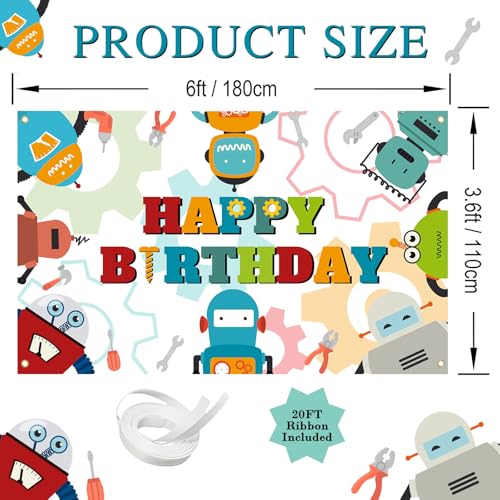Robot Birthday Backdrop Banner - 6x3.6ft Party Decoration