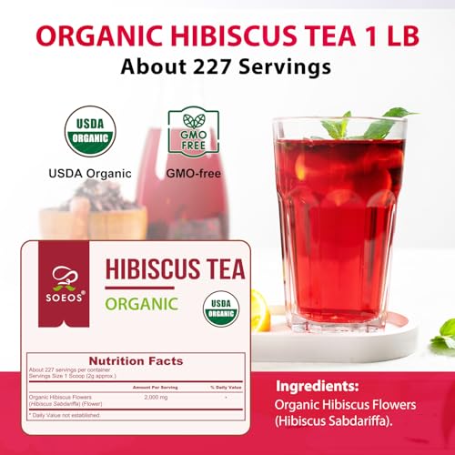 Soeos Organic Hibiscus Flower Herbal Tea, Loose Leaf, 16 Ounce