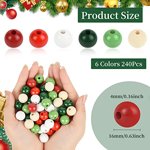 Christmas Wooden Beads 240 Pack - Natural, Red, Green & White Craft Beads for DIY Decorations
