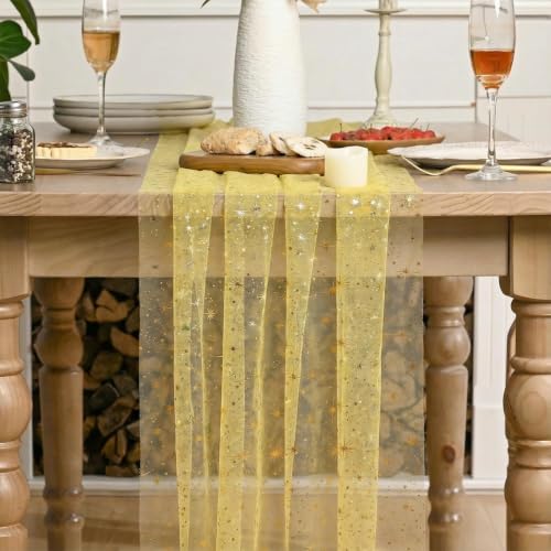 Yellow Gold 28 x 120 Inch Reversible Glitter Sheer Table Runner for Wedding Holiday Party