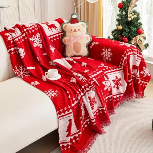 Reversible Christmas Sofa Slipcover Deer Snowflake Pattern Red White 134x71 with Tassels