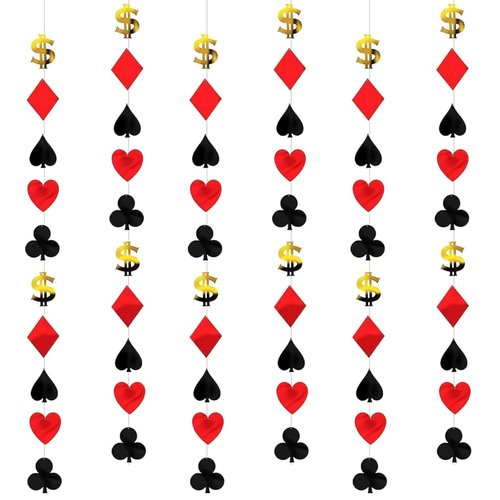 Amscan Casino Foil String Decorations - 7' (Pack of 6) - Red, Black, & Gold Casino Party Icons - Perfect for Game Night, Vegas-Themed Events, and More