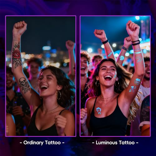 Glow in the Dark Temporary Tattoos - 56 Blue Designs, 10 Sheets