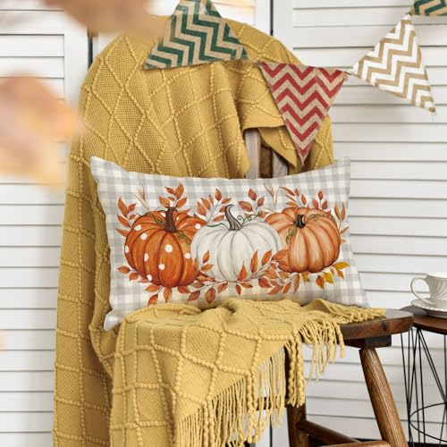 Fall Pumpkin Plaid Throw Pillow Cover - 12x20 Inch Seasonal Decor