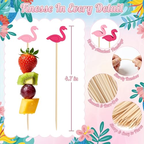 JEMVIK 100PCS Flamingo Cocktail Picks - 4.7 Inch Bamboo Appetizer Skewers