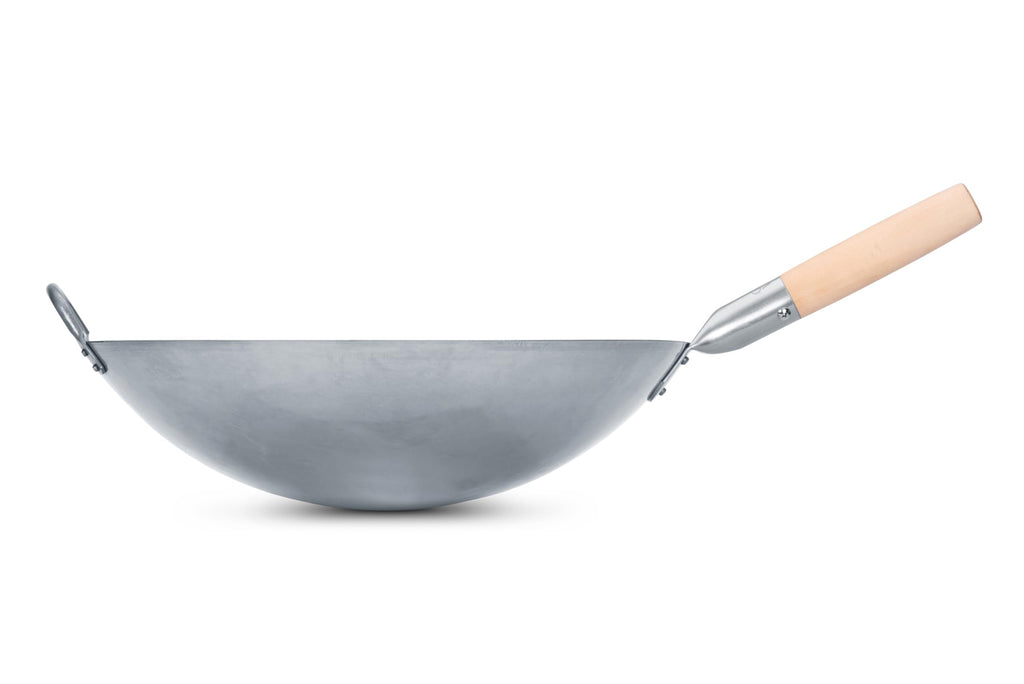 Craft Wok Big 16 Inch Heavy Hand Hammered Carbon Steel Pow Wok with Wooden and Steel Helper Handle (Round Bottom) / 731W138