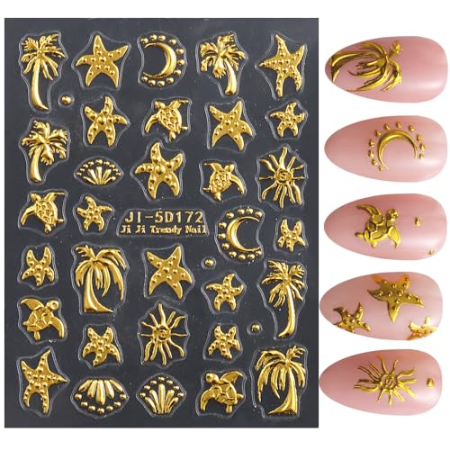 Qdsuh 5D Embossed Ocean Summer Nail Stickers Palm Tree Starfish Decals