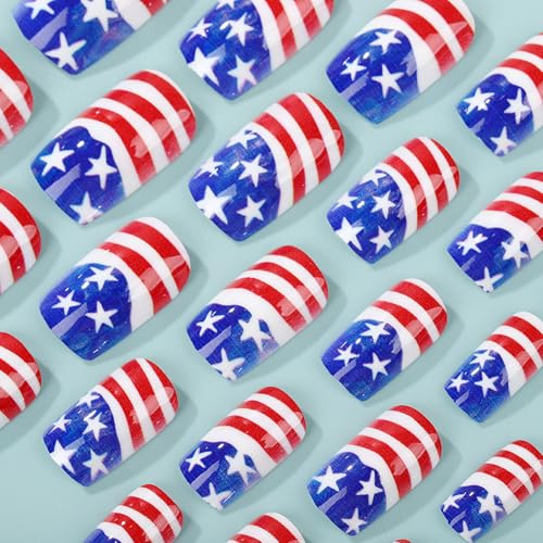 4th of July Press on Nails Medium Square Blue Red USA Flag False Nails